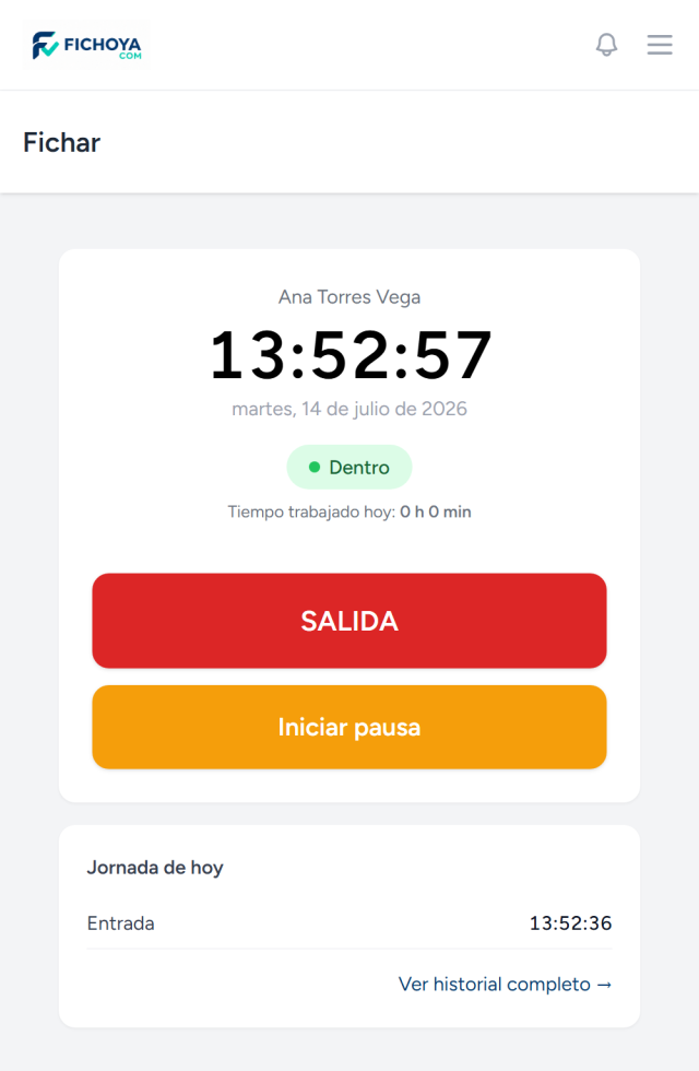 La pantalla de fichar en el móvil